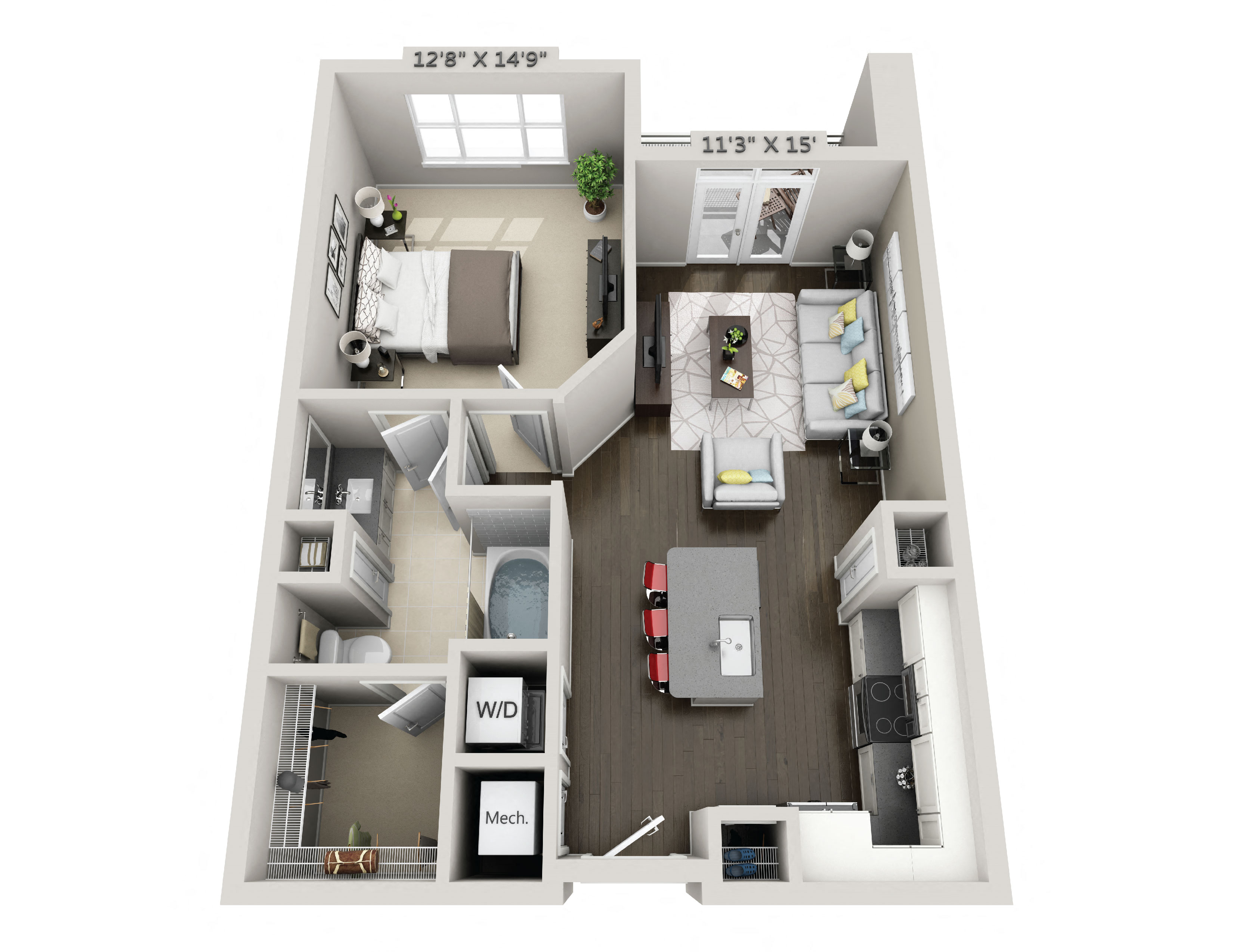 Floor plan for 1 bed, 1 bath, 718 sqft